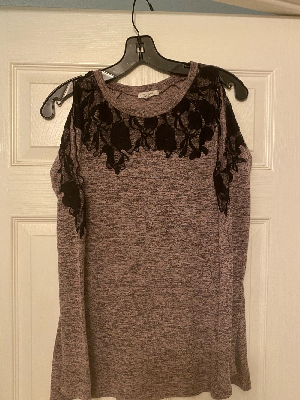 Maurices Heather Mauve Cold-Shoulder Long Sleeve Top with Black Lace